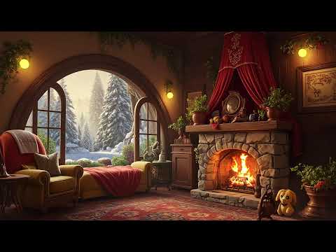 Cozy Winter Cabin Ambience 🛖 Smooth Jazz with Fireplace Sound and Gentle Snowfall for Relaxation