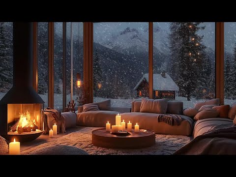 Cozy Cabin Ambience Winter 💤 Soft Jazz Music - Snowfall & Fireplace Sounds to Relax, Study, Sleep