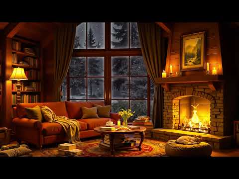 Cozy Winter Hut ❄️ Relaxing Jazz, Blizzard, Howling Wind & Fireplace Sounds for Stress Relief, Sleep