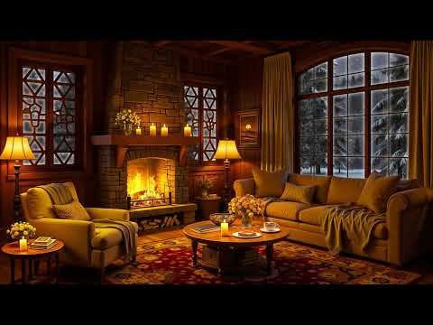 Relaxing Jazz in Cozy Winter Cabin Ambience ❄ Snowfall, Crackling Fireplace & White Noise for Sleep