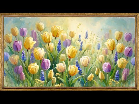 Dreamy Tulip Meadow Painting | 4K Gold Frame TV Art Screensaver for Relaxing Spring Décor