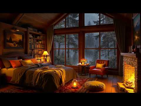 Cozy Hut Ambience 🔥 Warm Jazz, Crackling Fireplace & Rain Sounds for Relaxing, Studying, Sleeping