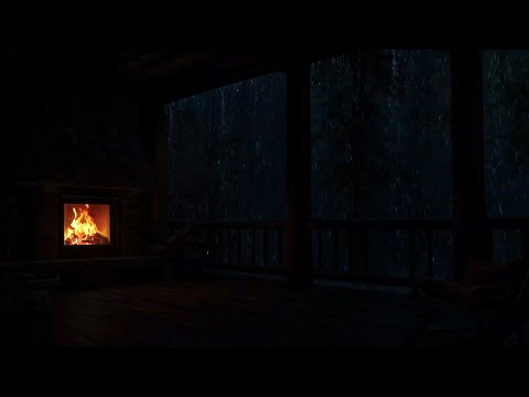 ⛈️🔥 Stormy Mountain Cabin | Rolling Thunder, Pouring Rain & Cozy Fireplace Comfort 🌙🌲✨