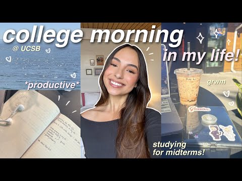 PRODUCTIVE COLLEGE MORNING IN MY LIFE! 🤍 skincare, studying for midterms, reading, grwm, beach, etc