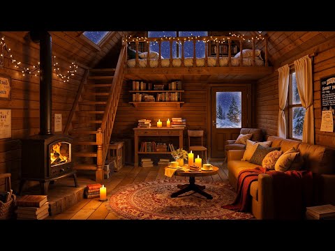 Warm Winter Cabin Ambience - Crackling Fireplace and Jazz Relaxing Music for a Peaceful Sleep