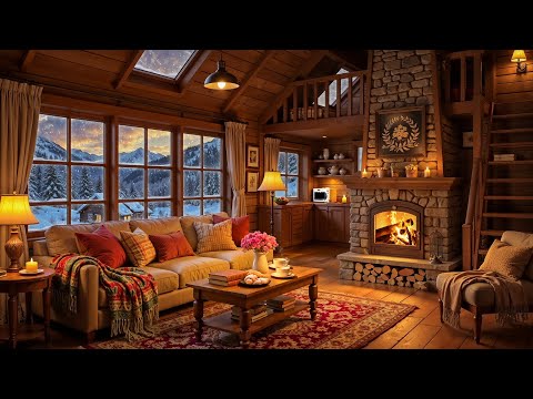 Smooth Jazz with Fireplace Sound & Snowfall in Cozy Cabin Ambience - Tranquill Jazz for Winter Day