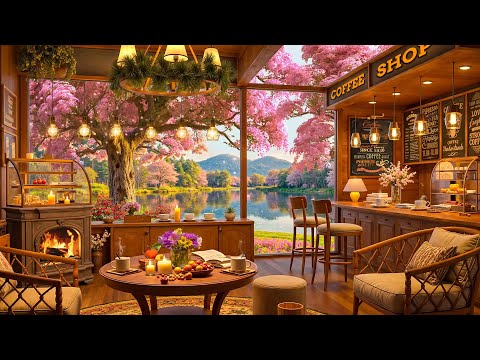 Lakeside Cafe Jazz Music | Tranquill Jazz Music at 4K Spring Coffee Shop Ambience for Stress Relief