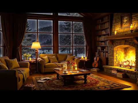 Cozy Winter Cabin Ambience ❄ Soft Jazz Music, Crackling Fireplace & Blizzard Sounds for Relax, Sleep