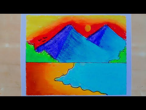 how to draw scenery drawing with oil pestal colour/sunset drawing kaise banaye/#artscenerydrawing