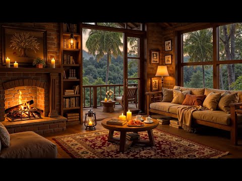 Smooth Jazz Music in Cozy Cabin Ambience - Crackling Fireplace & Rain on Window for Relaxation