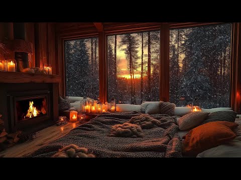 Tranquil Cabin Nights ✨ Soft Jazz, Snowfall & Fireplace Sounds for Calm and Comfort