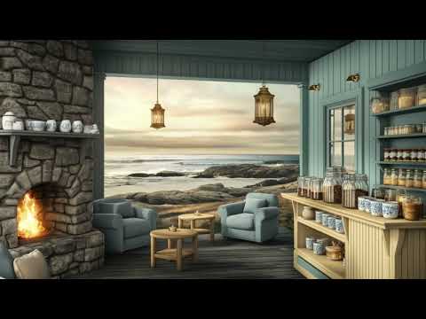 Cozy Coffee Shop Coastal Ambience with Ocean Waves and Fireplace Sounds | Relaxing ASMR Background