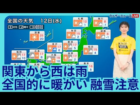 3月12日(水)の天気予報　関東から西は雨の可能性　全国的に暖かい