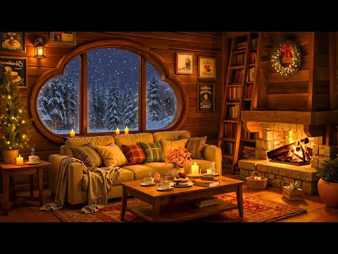 Soft Jazz Music & Fireplace Sounds with Relaxing Winter Snowfall in Cozy Cabin Ambience to Unwind ⛄