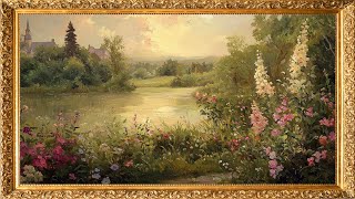 Vintage TV Art: Serene Oil Painting of a Lake Scene & Flowers | 4K | 2 Hrs Gold Framed Vintage Art