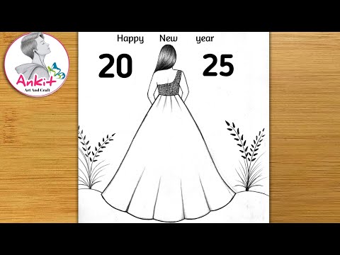 Happy new year drawing 2025 / How to make new year greeting card / Easy girl drawing / new year 2025