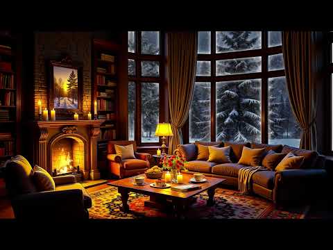 Winter Night in Cozy Room Ambience ❄ Soft Jazz, Crackling Fireplace & Blizzard Sounds for Deep Sleep