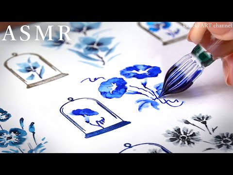 【ASMR】ガラスペンと青系インクとセリアのスタンプでお花イラストを描く🎧SOUND and DRAWING by a beautiful glass dip pen and BLUE inks💙