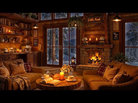 Warm Jazz & Crackling Fireplace ⛄ Cozy Cabin Ambience with Relaxing Jazz to Work & Study