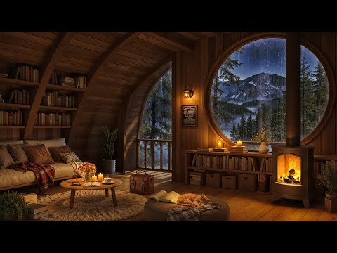 Cozy Reading Nook Ambience ☕ Relaxing Jazz & Crackling Fireplace for Rainy Day Retreat 🌧️