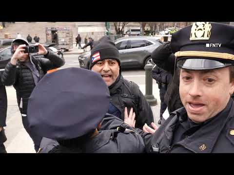 Professor grabs Trump flag away from CountergProtestor near NYC Court during Mahmoud Khalil Hearing