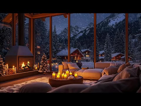 Night in Cozy Cabin Ambience 💤 Soft Jazz Music ❄️ Snowfall, Fireplace Sounds for Sleeping