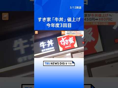 すき家 今年度3回目の値上げ　牛丼並盛450円→480円 30円引き上げ　長引くコメ価格の高騰や牛肉の値上がりを受けて｜TBS NEWS DIG #shorts