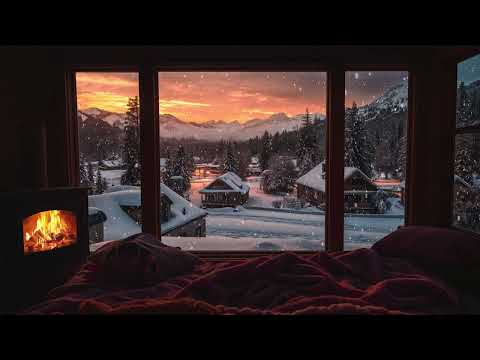 Cozy Winter Room Overlooking Village In Snow - Fireplace Sounds for Sleeping, Relaxing, Meditation