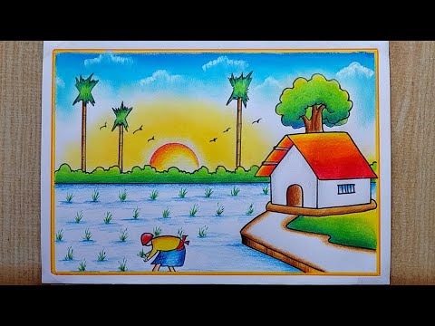 Very easy Village scenery drawing| Paddy Field With Farmer Scenery drawing easy| House scenery easy