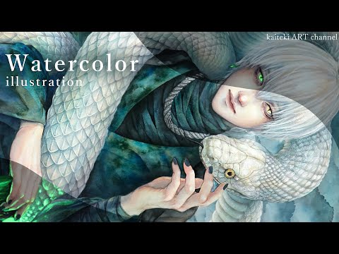 [Watercolor making] Shining! White snake and boy in kimono illustration | Watercolor illustration...