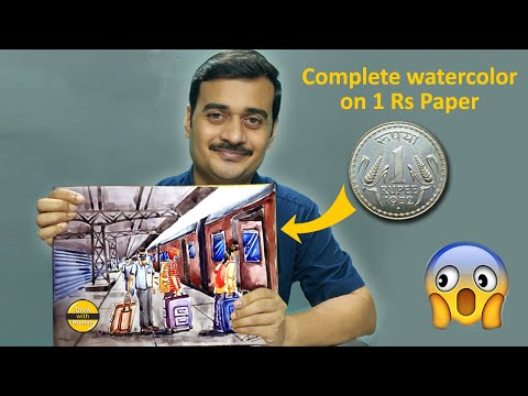 Watercolor Painting on One Rs. Paper | Railway Station Drawing | Watercolor Tutorial