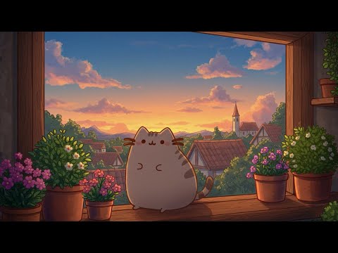 Warm Sunset Lofi 🌞 Pusheen’s Chill Cafe ☕ Soft Beats to Relax