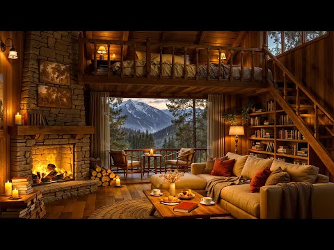 Relaxing Jazz & Crackling Fireplace with Rain Sounds in Cabin Ambience - Forest Cafe Jazz Music