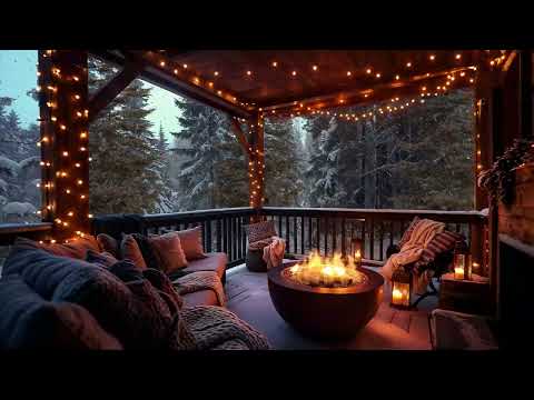 Tranquil Winter Porch ❄️ Jazz Music and Fireplace Warmth in a Snowy Ambience