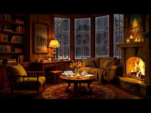 Cozy Winter Reading Nook Ambience ❄📚 Soft Jazz, Howling Wind, Fireplace & Blizzard Sounds for Sleep