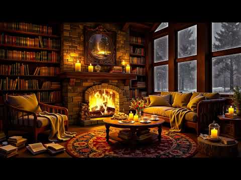 ❄ Winter Night in Cozy Reading Nook Ambience with Soft Jazz, Blizzard & Fireplace Sounds for Relax