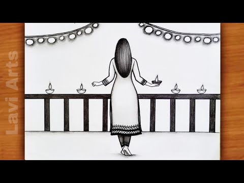 Traditional Girl Celebrating Diwali Drawing | Happy Diwali drawing| Easy Diwali drawing | Pencil Art