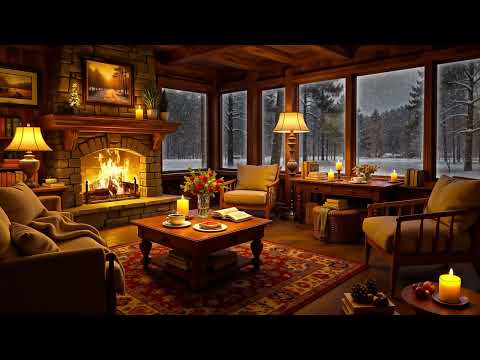 Cozy Winter Cabin Ambience ❄️ Relaxing Jazz, Fireplace Sounds & Snowfall for Stress Relief, Sleep