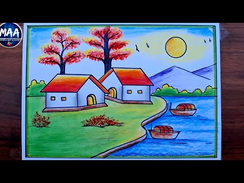 Village scenery drawing | Village nature art | Easy drawing step by step | scenery drawing #village