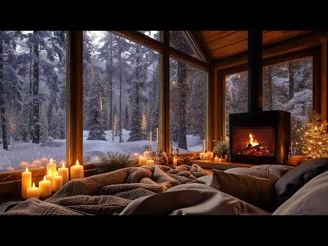 Relax by the Fire ⛄ Snowy Winter Cabin Ambience with Soft Jazz Music