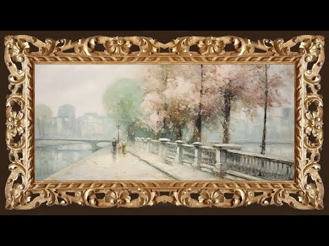 Flowering Trees Along the River, Vintage Oil Painting | Framed Art Screensaver for TV