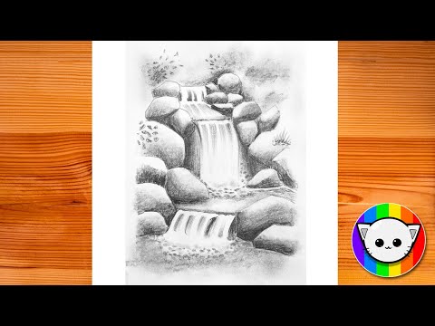 How to draw waterfall landscape - Pencil drawing tutorial