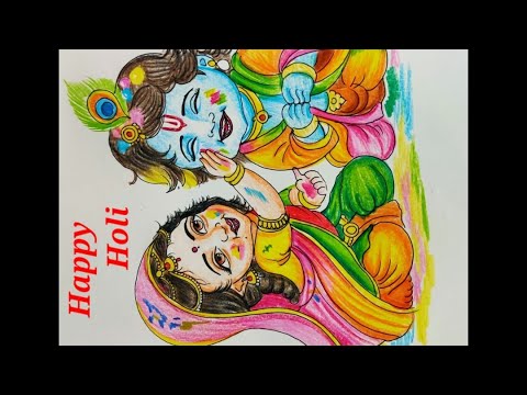 Holi special Drawing of Cute Radha Krishna/ How to draw Radha Krishna playing Holi / Holi festival