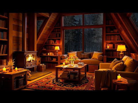 Smooth Jazz in Cozy Hut Ambience ⛈ Heavy Night Rain & Crackling Fireplace Sounds for Sleeping