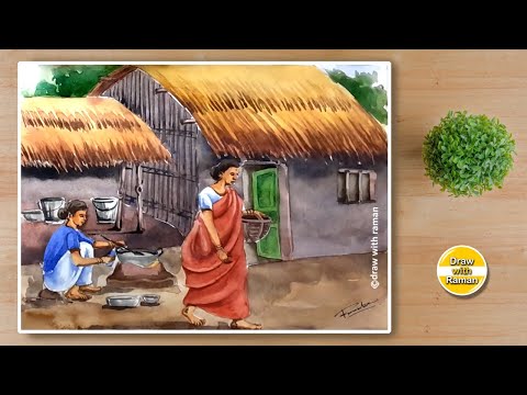 Beautiful Village Scenery Drawing | How to draw village women cooking | Watercolor Village Painting