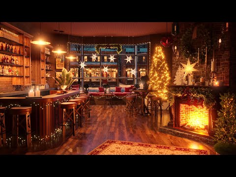 A Christmas Coffee Shop Ambience | A Warm Christmas with Jazz Music & Fireplace Burning