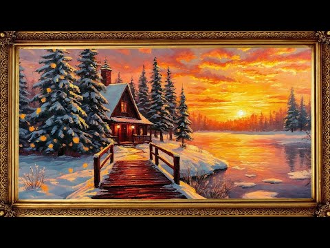 Vintage Gold Frame TV Art | 4K Winter Sunset  Screensaver | Subtle Animation | Snowy Landscape