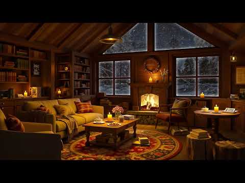 Relaxing Jazz in Cozy Winter Cabin Ambience ❄ Crackling Fireplace & Blizzard Sounds for Sleep, Study