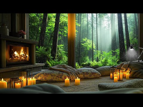 Spring Rain & Cozy Jazz 🌿 Gentle Fireplace Ambience in a Tranquil Forest Cabin