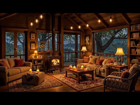 Relaxing Jazz & Crackling Fireplace 🔥 Gentle Rain Sounds in Cozy Cabin Ambience for Stress Relief